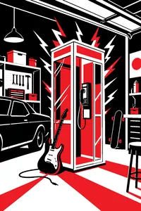 A phone booth crackling with energy in a suburban garage, an unplugged electric guitar leaning on it.