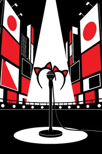 A pair of cat-ear headbands on a stage microphone, surrounded by a wall of unlabeled billboards.