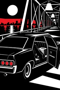 A vintage car parked on a dark bridge, a saxophone case and a stack of master tapes on the back seat.