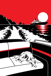 A blond wig lying on the seat of a motorboat speeding across a sunlit bay toward a yacht.