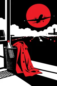 A foggy airport runway at night, a propeller plane taking off, a trench coat and a bottle of Vichy water dropped in a wastebasket.