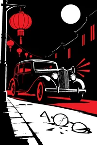 An abandoned 1930s sedan with its horn stuck, parked on a dark street under Chinese lanterns, a broken pair of eyeglasses on the pavement.
