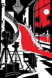 A grand curving staircase in a decaying Hollywood mansion, newsreel cameras on tripods at the bottom, a swimming pool glowing outside.