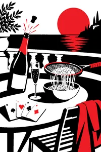 A deck of playing cards fanned on a small table beside a freshly popped champagne bottle and a tennis racket used as a spaghetti strainer.