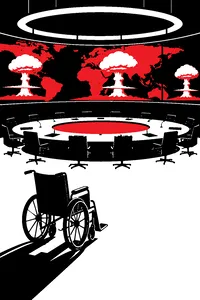An empty wheelchair rolled away from a giant round war room table under a ring of lights, mushroom clouds on the wall map screens.