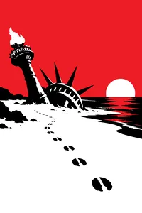 A colossal rusted crown and torch half-buried in the sand of a desolate beach at sunset, horse hoofprints leading up to it.