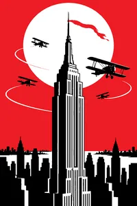 A row of 1930s biplanes circling the tip of the Empire State Building, a single torn ribbon fluttering on the spire.