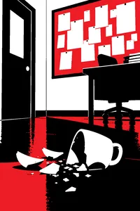 A shattered white porcelain coffee cup on a police station floor, a bulletin board crowded with notices behind it.
