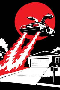 A stainless steel gull-wing sports car lifting off a suburban driveway, its wheels folded flat, leaving a trail of fire.
