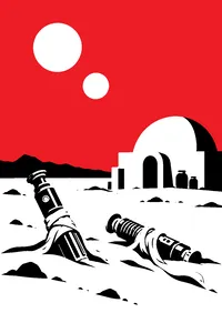 Two lightsaber hilts wrapped in cloth and half-buried in desert sand outside a domed adobe hut under twin suns.