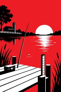 A small wooden pier on a farm pond at sunset with a bamboo rod and a vertical meter gauge planted in the dock.
