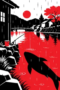 A riverbank in a quiet village with a fishing rod, a bucket and a giant fish shadow under the water in the rain.