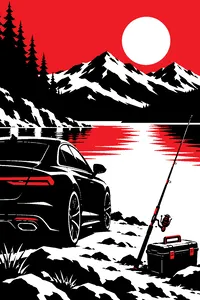 A sleek black car parked by a mountain lake, an expensive fishing rod and tackle box on the shore.