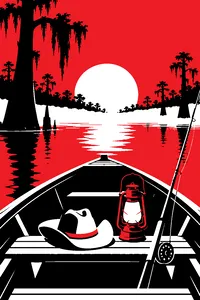 A wooden rowboat on a misty bayou with a fly rod, a lantern and a cowboy hat resting on the seat.