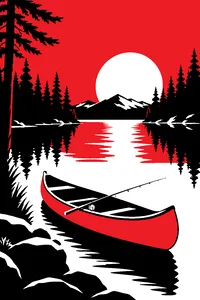 A canoe drifting on a quiet fishing hole surrounded by tall pines, a fishing rod laid across it.