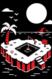 A tiny square fishing pond on an island beside a wooden sign and a single fishing rod, all in pixel shapes.