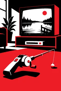 A plastic fishing reel controller on a carpet in front of a CRT television showing a lake.