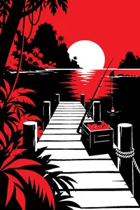 A long wooden pier in a jungle bay with a fishing pole and a crate of fish, a sea serpent fin far out in the water.