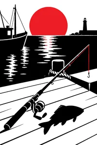 A battered old fishing rod lying on a harbor dock beside a single gaping orange fish.