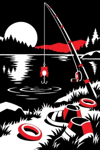 A large fishing rod with a frog-shaped lure dangling over a quiet pond, sneakers and golden rings scattered on the bank.