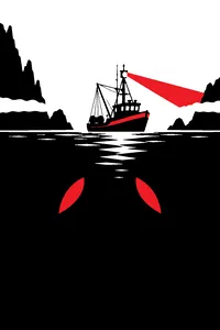 A small fishing trawler in thick fog with its lamp on, strange eyes glowing under the black water.