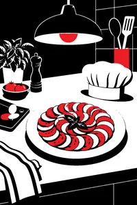 A neat spiral of thin-sliced vegetables on a white plate under a warm kitchen lamp, a tiny chef's hat on the counter beside it.