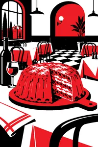 A golden dome-shaped baked pasta drum on a carving board, one wedge cut away to show layers, in an empty 1950s Italian restaurant.