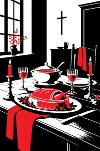 A candlelit wooden table set in a bare Danish parsonage, quail in puff pastry, a tureen of soup and crystal glasses of wine.
