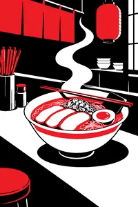 A steaming bowl of ramen on a worn noodle-shop counter, pork slices arranged on top and a pair of chopsticks resting across the rim.