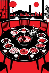 A round family dining table in Taipei covered with a dozen elaborate dishes, steam rising, three empty chairs.