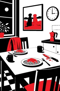A kitchen table at 3 a.m. with plates of pasta, a coffee pot and a kitchen knife, a framed painting of two dogs on the wall.
