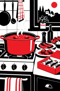 A big pot of tomato sauce simmering on an old stove, meatballs and sausages beside it, a pink bakery box of cannoli on the counter.