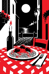 A checkered tablecloth on an alley table with one plate of spaghetti and meatballs, a candle in a wine bottle, under a full moon.