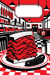 A deli table with a towering pastrami sandwich, a pickle and a hanging sign-shaped placard above, in a busy old-fashioned deli.