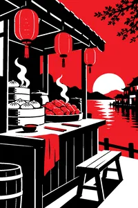 An empty glowing food stall piled with steaming buns and meat, two discarded chopsticks, lanterns overhead at dusk.