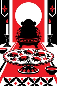 An ornate banquet platter of rubbery beetles beside a carved ceremonial monkey-shaped serving bowl, candles flickering.