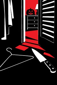 A wire coat hanger and a kitchen knife lying on the floor of a slatted closet, the door half open, a carved jack-o'-lantern glowing on the dresser beyond.