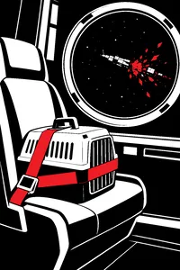 A pet carrier strapped into a seat of a small escape shuttle, a round window behind it showing a starfield and a distant ship bursting apart.
