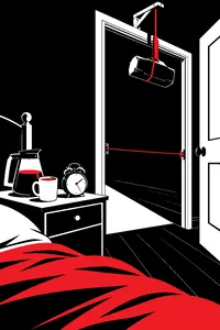 A coffee pot and a mug on a bedside table beside a wind-up alarm clock, a tripwire stretched across the bedroom doorway with a sledgehammer rigged above it.