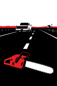 A pickup truck speeding away down an empty Texas road at dawn, a chainsaw lying on the asphalt behind it, a farmhouse small on the horizon.