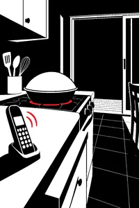 A ringing cordless phone on a kitchen counter, a stovetop popcorn pan swelling on the burner and a sliding glass door open to a dark lawn.