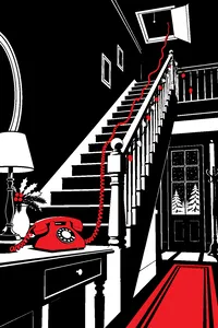 A rotary telephone on a hallway table in a snowy sorority house, its cord running up the staircase to an open attic hatch, Christmas lights strung along the banister.