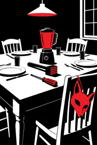 A kitchen blender, a meat tenderizer and a screwdriver laid out on a farmhouse dining table set for a family dinner, a fox mask hanging on the back of one chair.