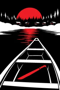 An empty canoe drifting on a misty lake at dawn, a machete lying in the bottom of the boat, a row of camp cabins on the far shore.