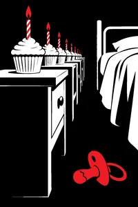 A birthday cupcake with one lit candle on a dorm-room nightstand, an identical row of cupcakes repeating behind it into the distance, a cracked pacifier on the floor.