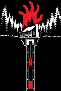A rustic cabin in a forest clearing with an elevator shaft opening into the ground beneath its cellar, a giant hand rising out of the earth behind the trees.