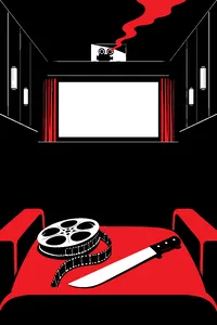 A movie theater screen showing a lake at a summer camp, a film reel and a machete lying on an empty front-row seat, smoke curling from the projector booth.