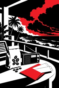 A bag of coffee beans beside a portable radio and an envelope of plane tickets on a tropical hotel balcony, a storm rolling in over the sea.