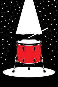 A single floor tom drum on a dark stage under one spotlight, a drumstick frozen mid-strike above it and snow falling behind.