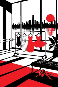 A New York penthouse dance studio with four outfits hanging on a rolling rack, each brighter than the last, the Hudson River in the window.